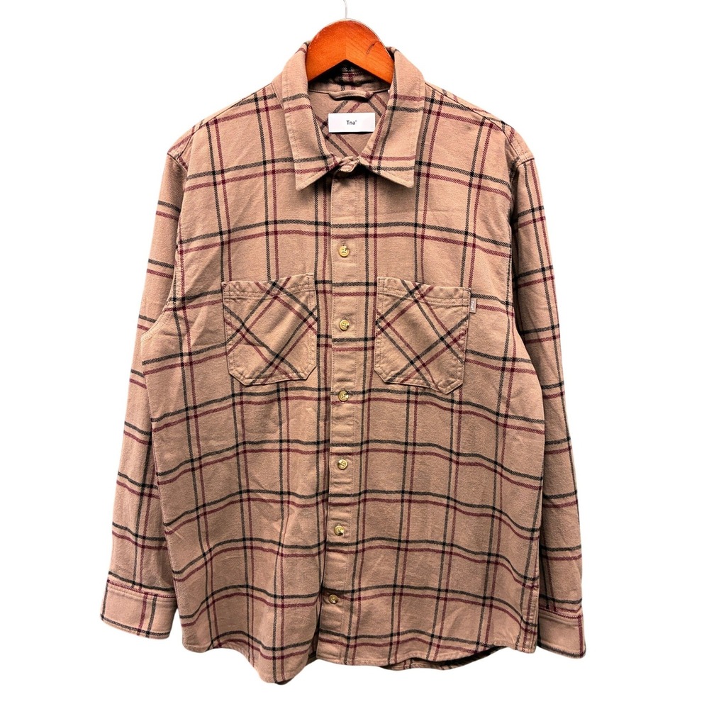 Tna Aritzia Oversized Plaid Flannel Shirt Womens M Tan Burgundy 104583 Casual